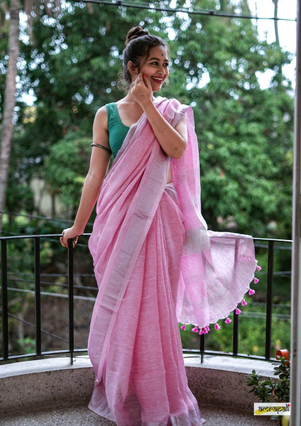 Baby Pink Plain Linen Saree With Silver Border -  Canada